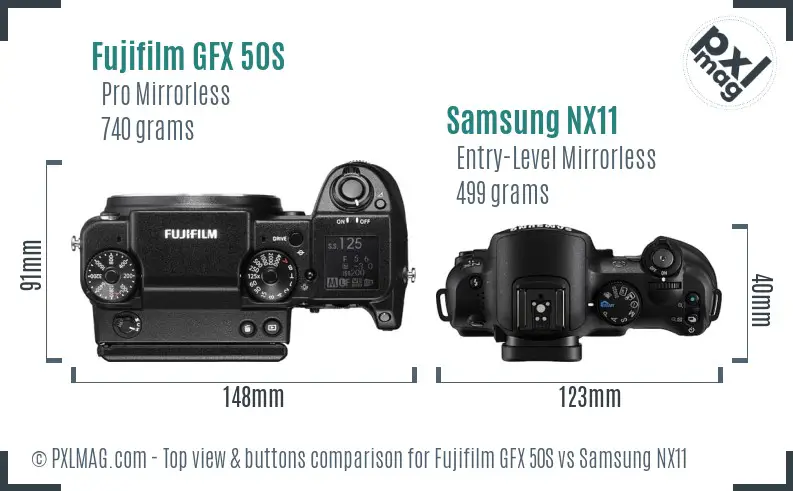 Fujifilm GFX 50S vs Samsung NX11 top view buttons comparison
