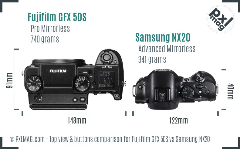 Fujifilm GFX 50S vs Samsung NX20 top view buttons comparison