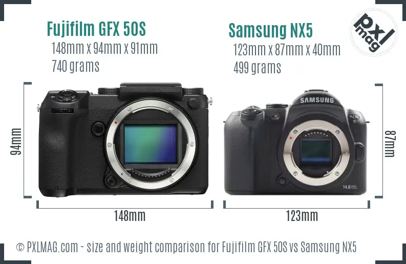 Fujifilm GFX 50S vs Samsung NX5 size comparison