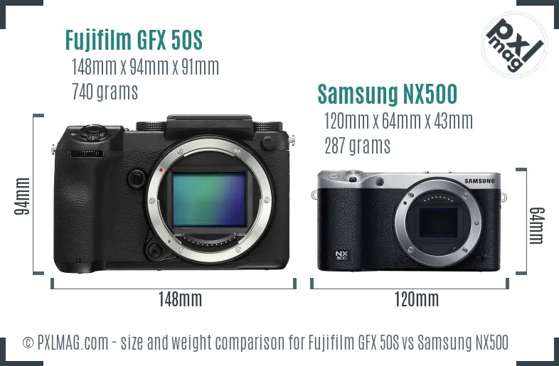 Fujifilm GFX 50S vs Samsung NX500 size comparison