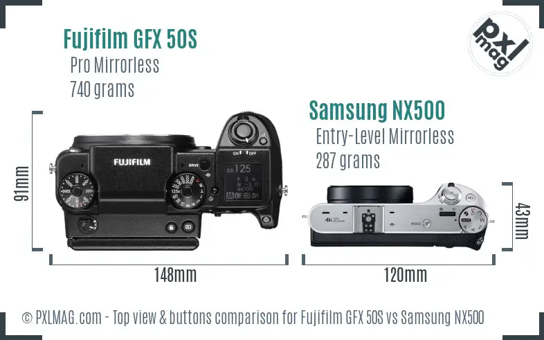Fujifilm GFX 50S vs Samsung NX500 top view buttons comparison