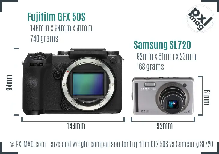 Fujifilm GFX 50S vs Samsung SL720 size comparison