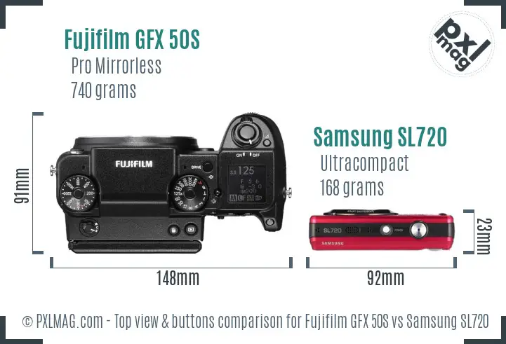 Fujifilm GFX 50S vs Samsung SL720 top view buttons comparison
