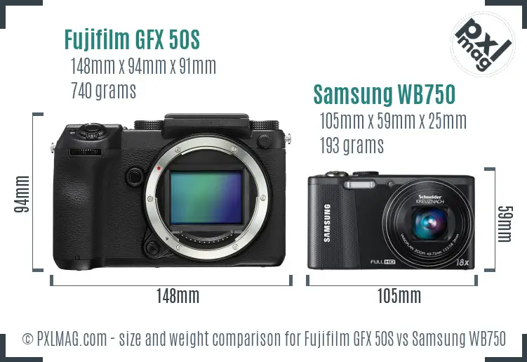 Fujifilm GFX 50S vs Samsung WB750 size comparison