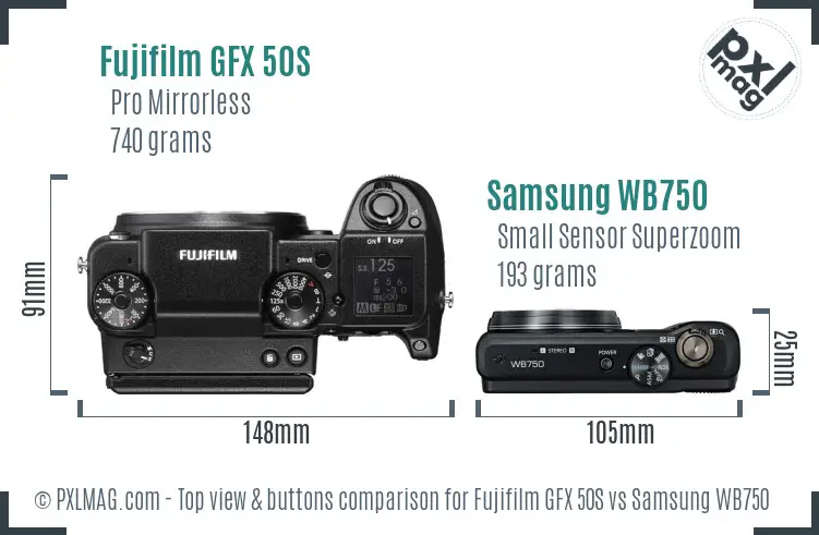 Fujifilm GFX 50S vs Samsung WB750 top view buttons comparison