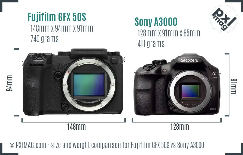 Fujifilm GFX 50S vs Sony A3000 size comparison