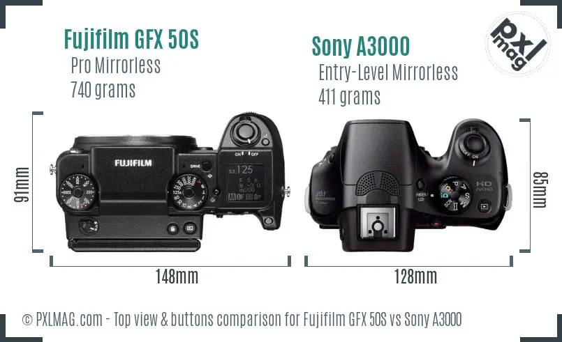 Fujifilm GFX 50S vs Sony A3000 top view buttons comparison