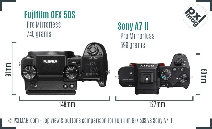 Fujifilm GFX 50S vs Sony A7 II top view buttons comparison Fujifilm GFX 50S vs Sony A7 II top view buttons comparison