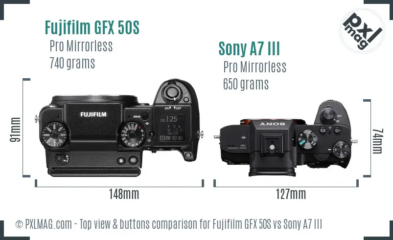Fujifilm GFX 50S vs Sony A7 III top view buttons comparison