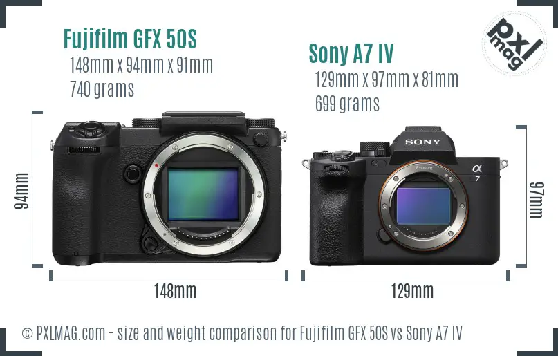 Fujifilm GFX 50S vs Sony A7 IV size comparison