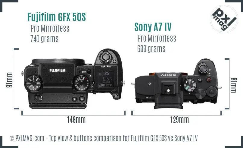 Fujifilm GFX 50S vs Sony A7 IV top view buttons comparison