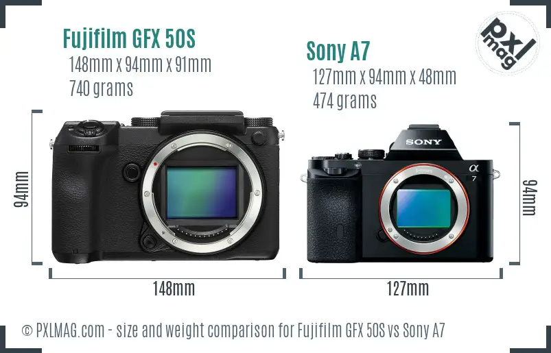 Fujifilm GFX 50S vs Sony A7 size comparison