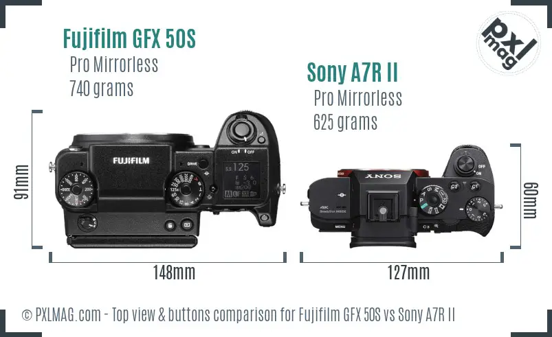 Fujifilm GFX 50S vs Sony A7R II top view buttons comparison