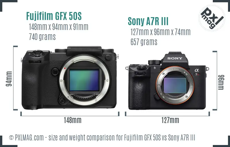 Fujifilm GFX 50S vs Sony A7R III size comparison