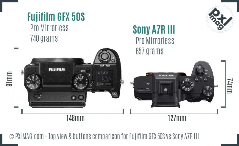 Fujifilm GFX 50S vs Sony A7R III top view buttons comparison