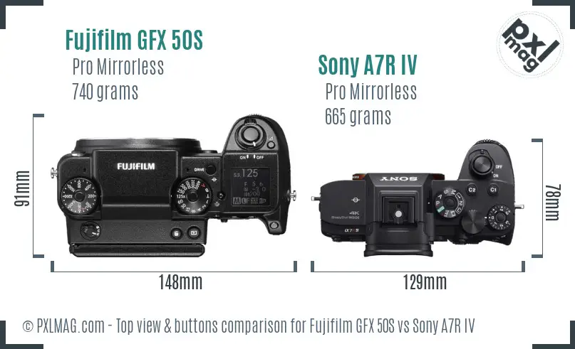 Fujifilm GFX 50S vs Sony A7R IV top view buttons comparison