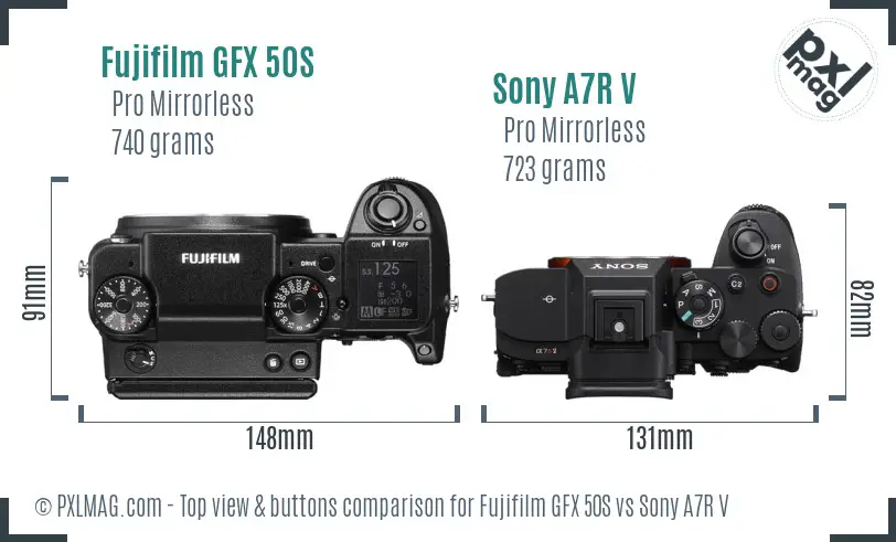 Fujifilm GFX 50S vs Sony A7R V top view buttons comparison