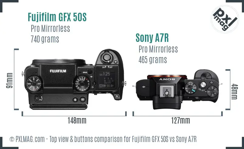 Fujifilm GFX 50S vs Sony A7R top view buttons comparison