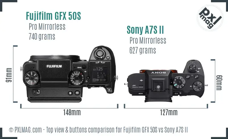 Fujifilm GFX 50S vs Sony A7S II top view buttons comparison