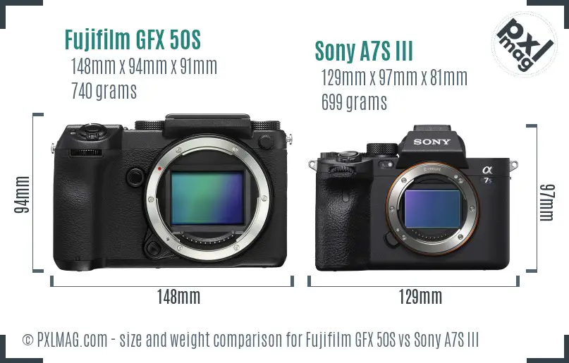 Fujifilm GFX 50S vs Sony A7S III size comparison