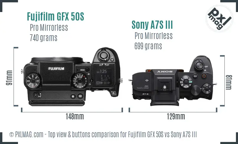Fujifilm GFX 50S vs Sony A7S III top view buttons comparison