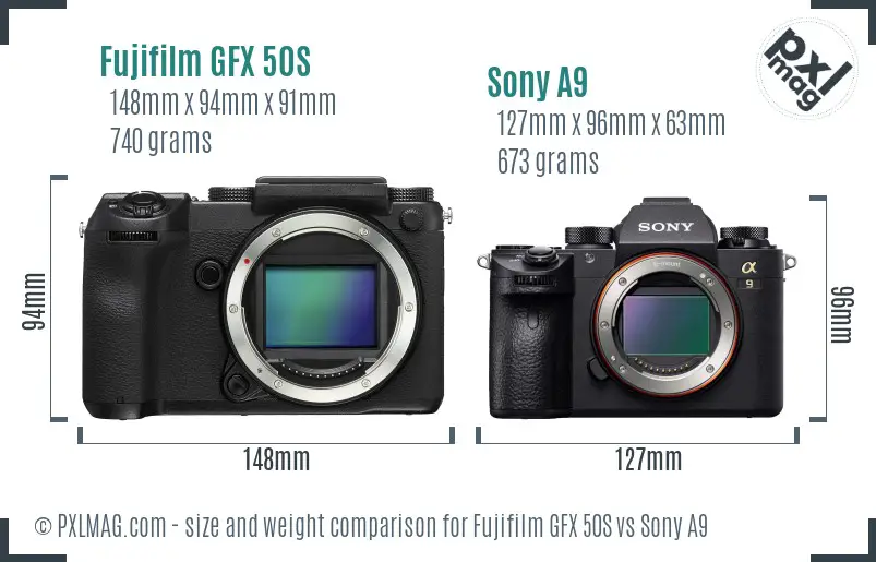 Fujifilm GFX 50S vs Sony A9 size comparison