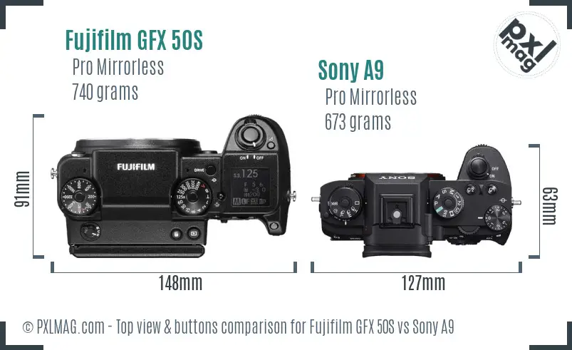 Fujifilm GFX 50S vs Sony A9 top view buttons comparison