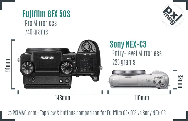 Fujifilm GFX 50S vs Sony NEX-C3 top view buttons comparison