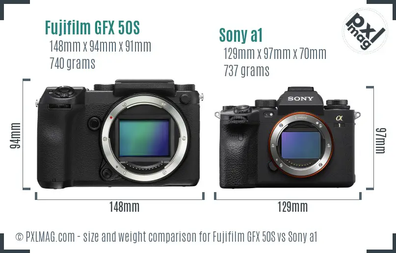 Fujifilm GFX 50S vs Sony a1 size comparison