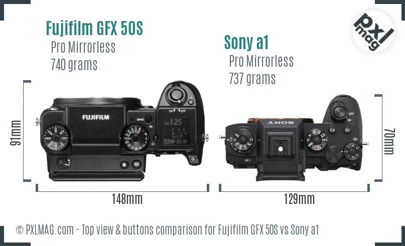 Fujifilm GFX 50S vs Sony a1 top view buttons comparison