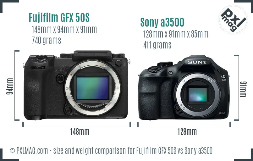 Fujifilm GFX 50S vs Sony a3500 size comparison