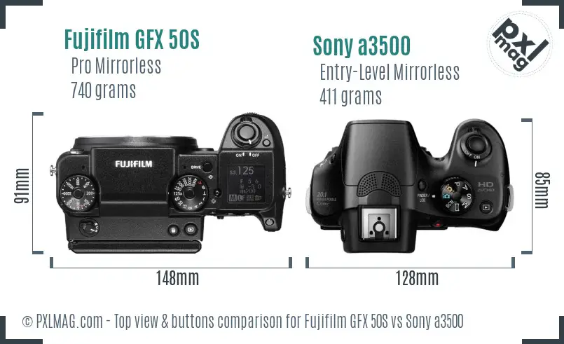 Fujifilm GFX 50S vs Sony a3500 top view buttons comparison
