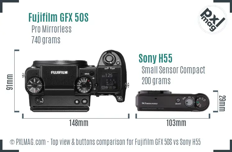 Fujifilm GFX 50S vs Sony H55 top view buttons comparison