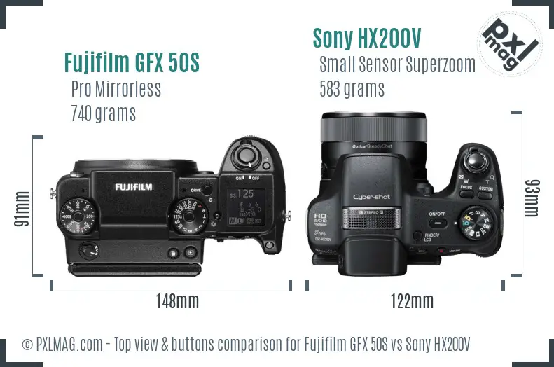 Fujifilm GFX 50S vs Sony HX200V top view buttons comparison