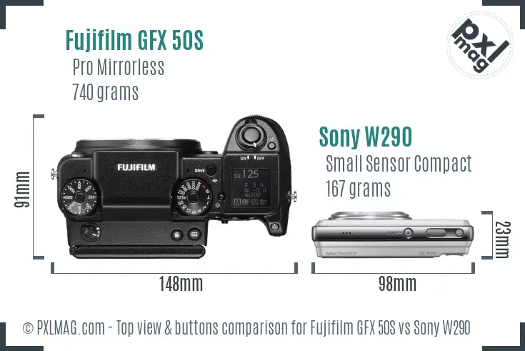 Fujifilm GFX 50S vs Sony W290 top view buttons comparison