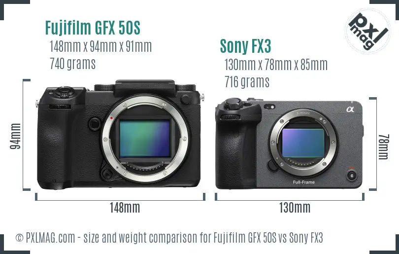 Fujifilm GFX 50S vs Sony FX3 size comparison