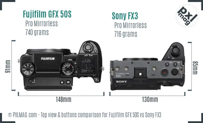 Fujifilm GFX 50S vs Sony FX3 top view buttons comparison