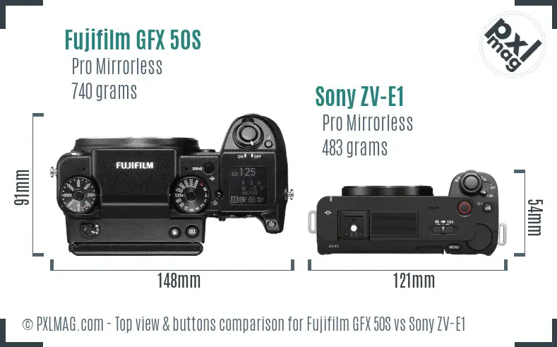 Fujifilm GFX 50S vs Sony ZV-E1 top view buttons comparison