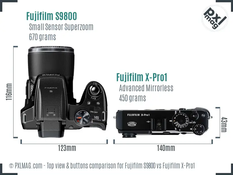 Fujifilm S9800 vs Fujifilm X-Pro1 top view buttons comparison