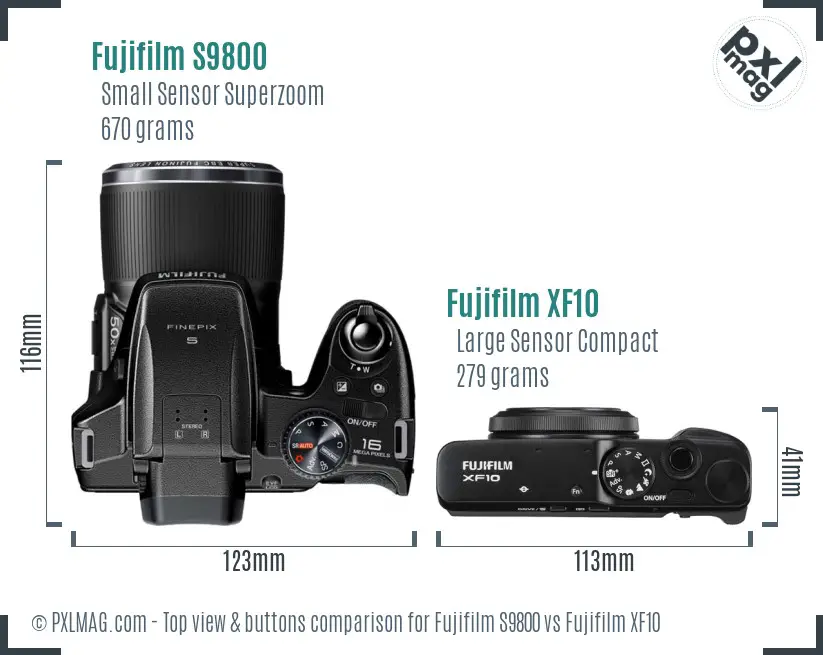 Fujifilm S9800 vs Fujifilm XF10 top view buttons comparison