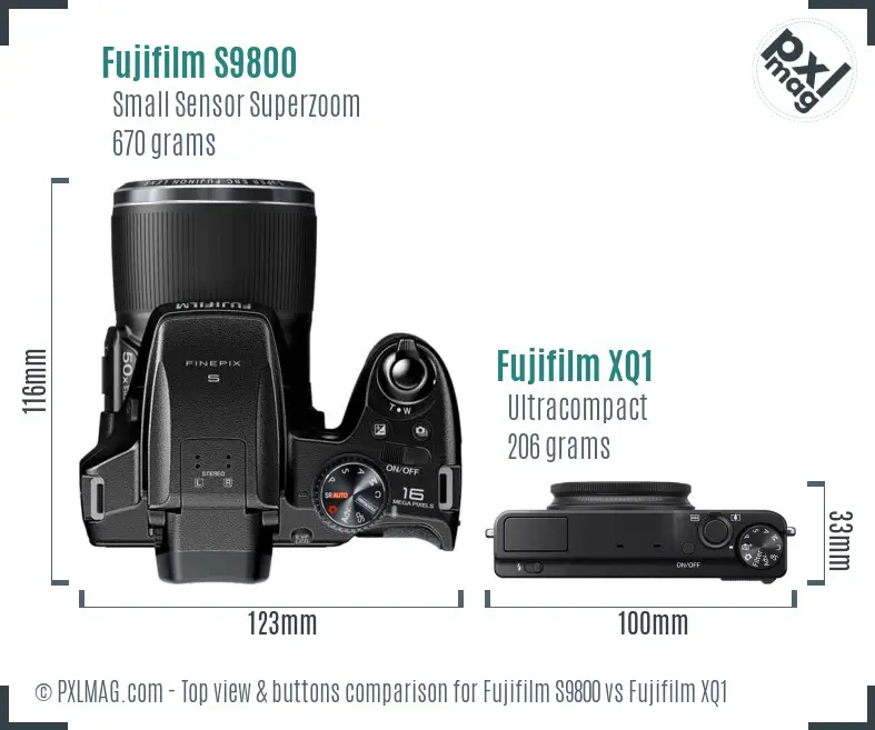 Fujifilm S9800 vs Fujifilm XQ1 top view buttons comparison