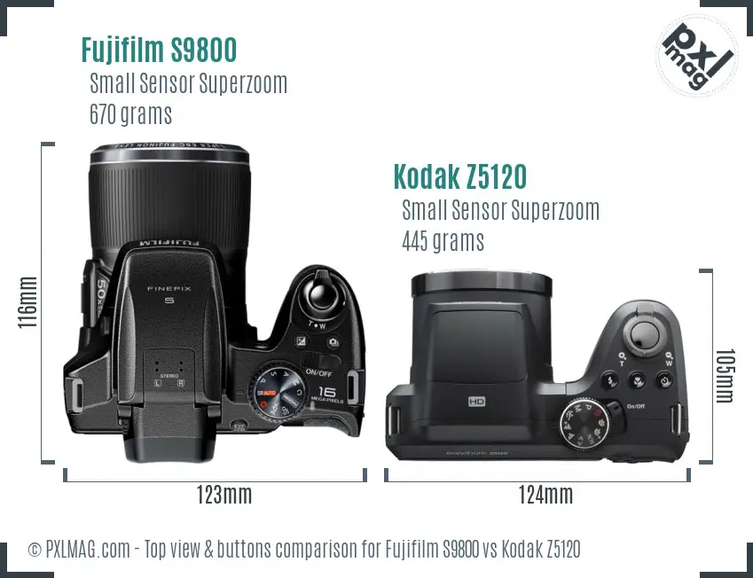Fujifilm S9800 vs Kodak Z5120 top view buttons comparison Fujifilm S9800 vs Kodak Z5120 top view buttons comparison