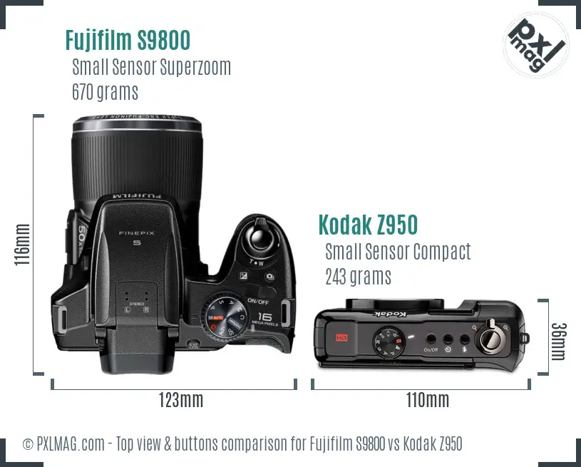 Fujifilm S9800 vs Kodak Z950 top view buttons comparison