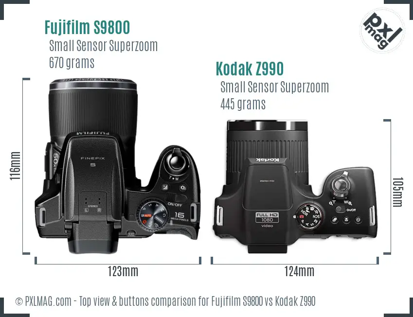 Fujifilm S9800 vs Kodak Z990 top view buttons comparison