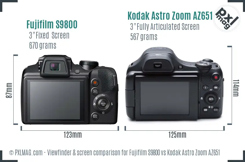 Fujifilm S9800 vs Kodak Astro Zoom AZ651 Screen and Viewfinder comparison