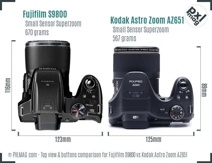 Fujifilm S9800 vs Kodak Astro Zoom AZ651 top view buttons comparison