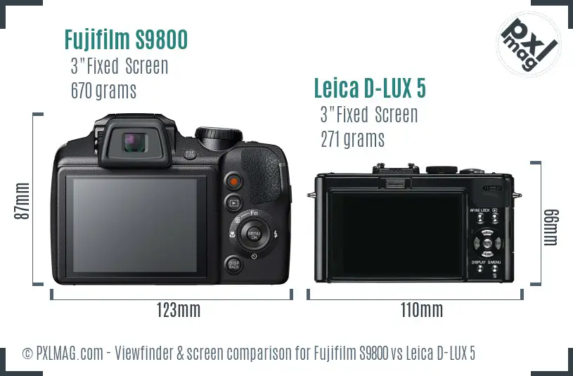 Fujifilm S9800 vs Leica D-LUX 5 Screen and Viewfinder comparison