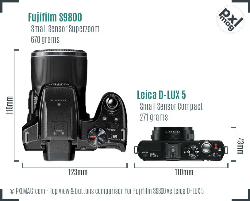 Fujifilm S9800 vs Leica D-LUX 5 top view buttons comparison