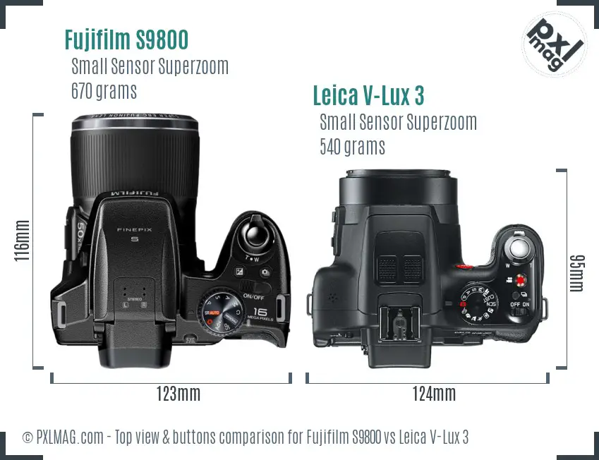 Fujifilm S9800 vs Leica V-Lux 3 top view buttons comparison