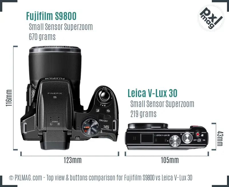 Fujifilm S9800 vs Leica V-Lux 30 top view buttons comparison